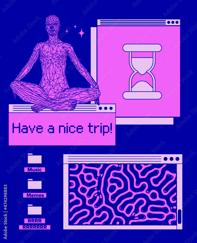 Poster Abstract retrofuturistic collage with user interface elements looking like a program or a computer game. Vaporwave style aesthetics.