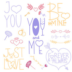 Romantic messages quotes and phrases romantic relationship cute icons in a doodle style, isolated on a white background. Vector illustration