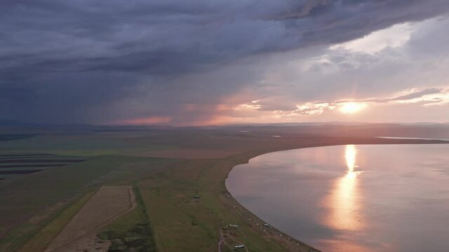 Beautiful sunsets over lakes Shira and Bele, Lake Khakassi, Aerial view, drone, Russia