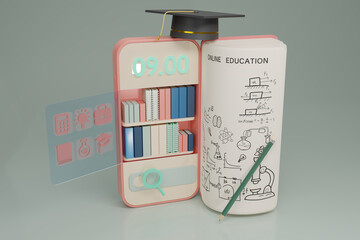 Smartphone  with book, bookshelf library, book lecture, graduation cap and pencil on gray background.Online education on website and mobile application. Online training courses. 3d rendering.