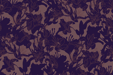 Trendy colors of the year seamless pattern with shadows of Lily flowers drawn by hand in velvet violet tones.. Home textile, wallpaper, fabric, bedding, package.