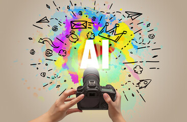 Close-up of a hand holding digital camera with abstract drawing