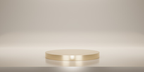 Shiny gold round pedestal or podium  with studio  backdrops. Beige or cream Blank display or clean room for showing product. Minimalist mockup for podium display or showcase. 3D rendering.