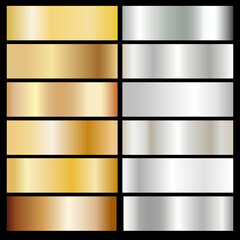 Large set of holographic gold and silver foil textures. Vector graphics of shining rainbow patterns. Collection of holograms with metallic gradients, on a black background
