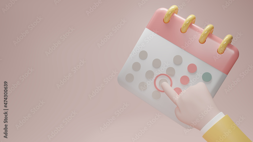 Poster minimal calendar icon with hand isolate on soft pink background. paper calendar icons. calendar date