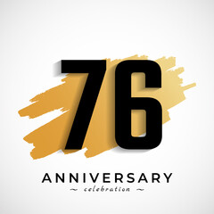 76 Year Anniversary Celebration with Gold Brush Symbol. Happy Anniversary Greeting Celebrates Event Isolated on White Background - obrazy, fototapety, plakaty