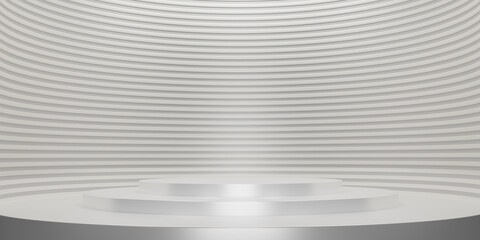 Fototapeta na wymiar Shiny silver round pedestal or podium with studio backdrops. Metallic white Blank display or clean room for showing product. Minimalist mockup for podium display or showcase. 3D rendering.