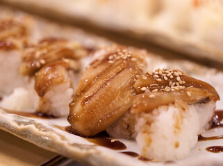 Shizuoka,Japan - December 10, 2021: Closeup of Anago or conger eel sushi
