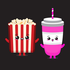 cute popcorn and drink character vector - obrazy, fototapety, plakaty