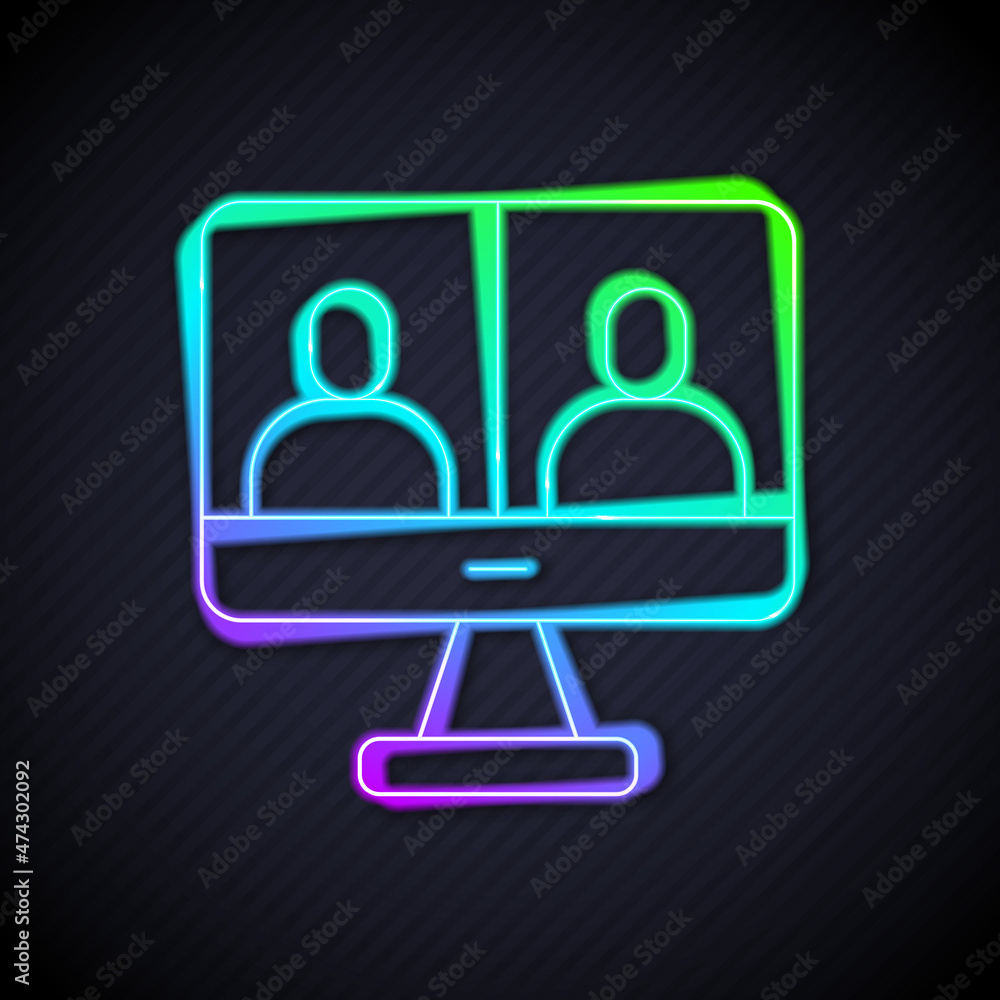 Poster glowing neon line video chat conference icon isolated on black background. computer with video chat 