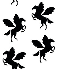 Vector seamless pattern of pegasus silhouette isolated on white background