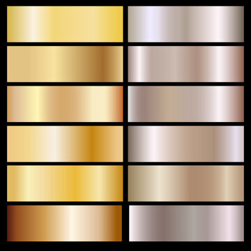 Holographic gold and bronze foil textures in a large set. Vector graphics of shining rainbow patterns. Collection of holograms with metallic gradients, on a black background