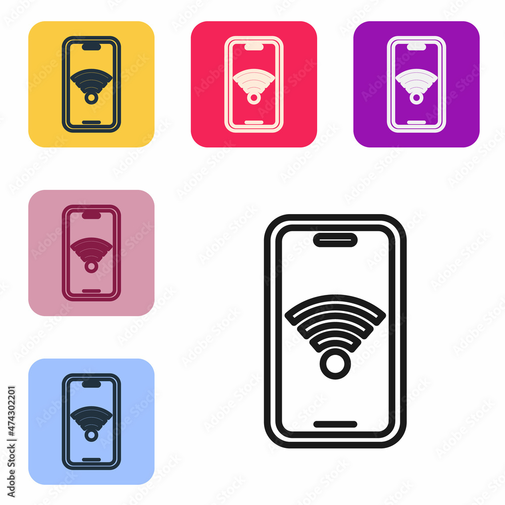 Poster black line smartphone with free wi-fi wireless connection icon isolated on white background. wireles