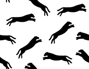 Vector seamless pattern of hand drawn jumping tiger silhouette isolated on white background