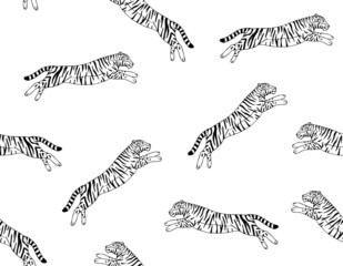 Vector seamless pattern of hand drawn doodle sketch jumping tiger isolated on white background