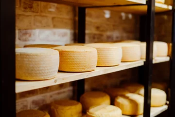 Fotobehang Whole wheel cheese on shelves from the Netherlands © hobaa