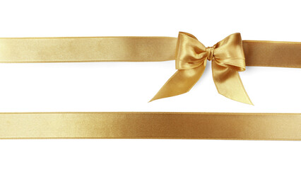 Beautiful golden ribbons with bow on white background, top view