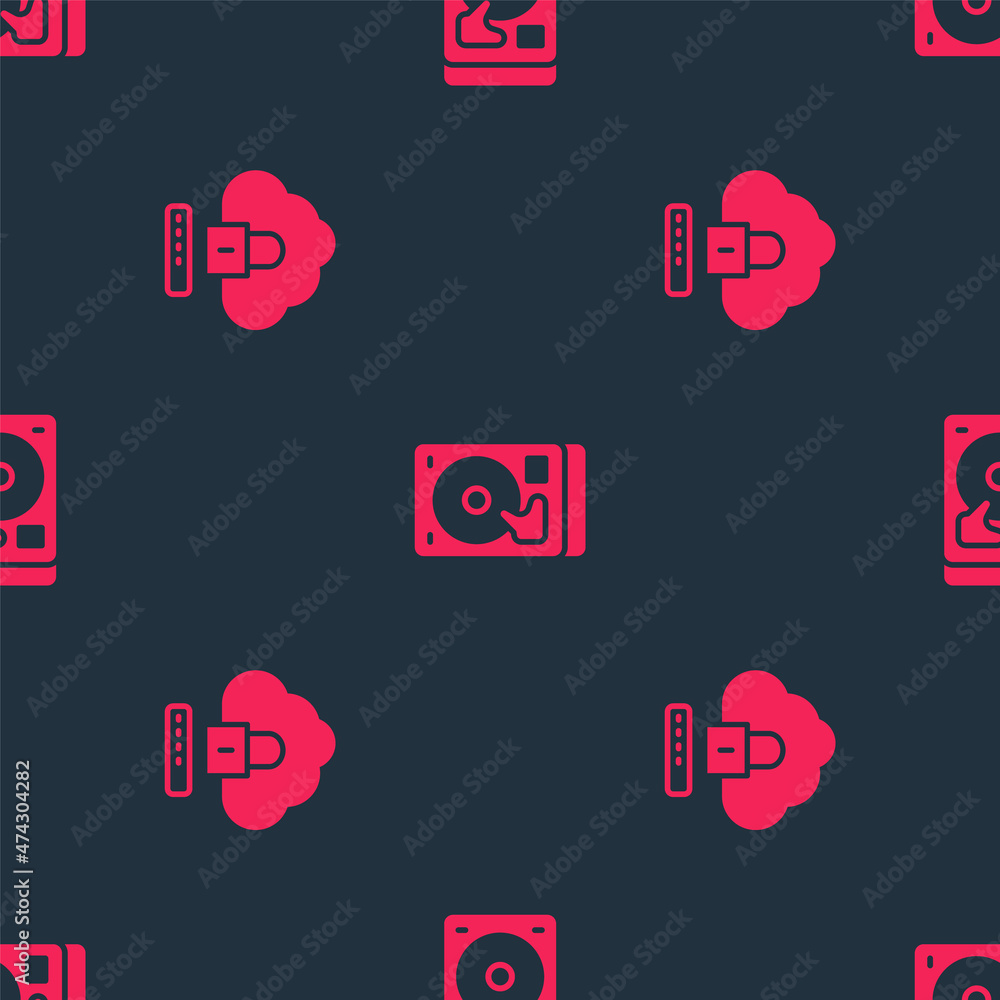 Poster set cloud computing lock and hard disk drive hdd on seamless pattern. vector