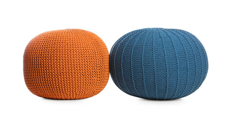 Different stylish poufs on white background. Home design