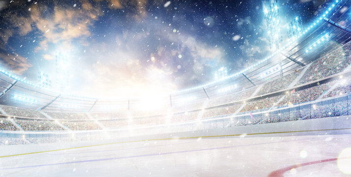 Blank background. Beautiful hockey stadium. Realistic ice and snow on background. Sport concept. Bright lighting with spotlights. Ad