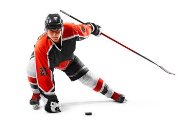 High concentration. Professional hockey player ready to attack. Sports emotions. Concept of action, team sport game, energy, ad