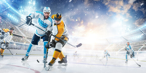 Sport. Hockey game in an open stadium. Two professional hockey player in action. Fight for the...