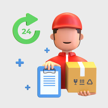 man courier carrying parcel box and payment check note cash on delivery service icon 3d render illustration
