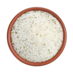 Natural herb salt in bowl isolated on white, top view