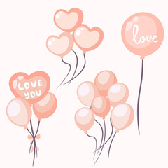 Set of cute pink balloons in doodle style. Cartoon heart-shaped balloon with love you lettering. Girly vector design for greeting card, baby shower, Valentines day, wedding, birthday party.