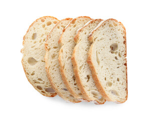 Slices of sodawater bread on white background, top view