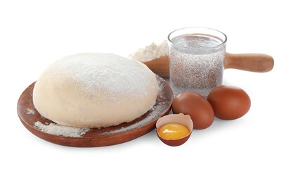 Dough and ingredients on white background. Sodawater bread recipe