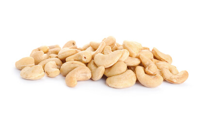Pile of tasty organic cashew nuts isolated on white