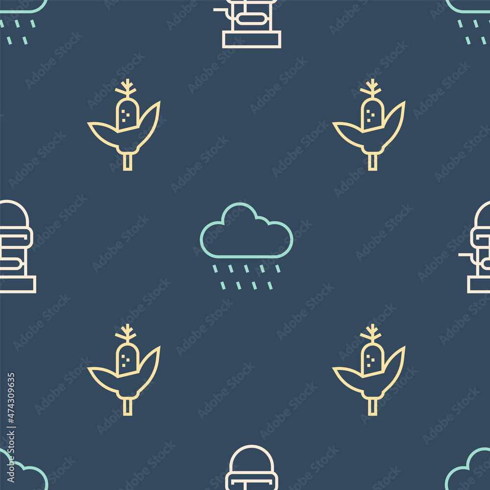 Poster set line well with bucket, corn and cloud rain on seamless pattern. vector