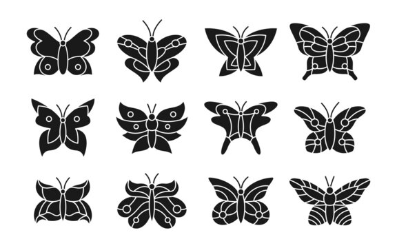 Butterfly black and white doodle set. Elegant exotic butterflies and moths drawing illustration. Abstract stylized tropical insect, contour wings. Wildlife childrens hand drawn symbol design vector