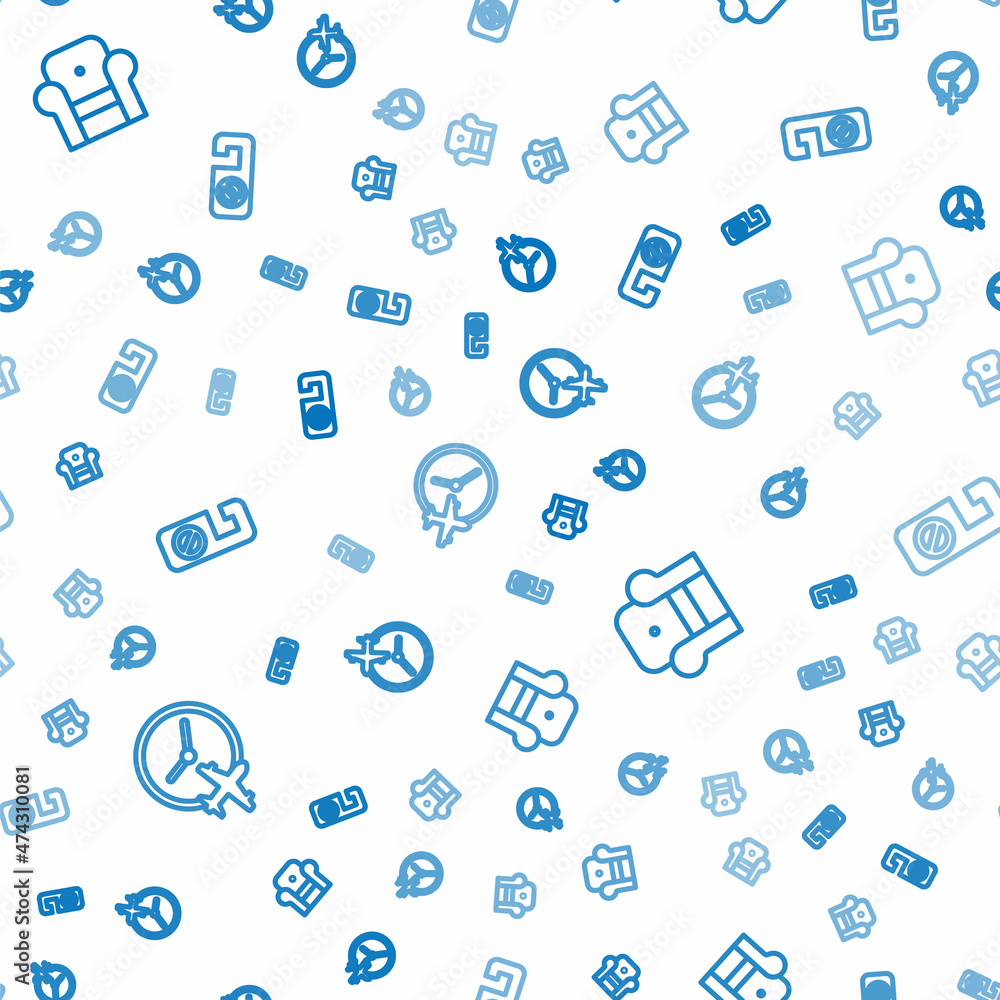 Poster set line clock with airplane, armchair and please do not disturb on seamless pattern. vector