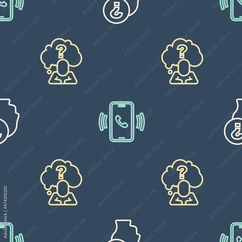 Poster set line head with question mark, and telephone 24 hours support on seamless pattern. vector