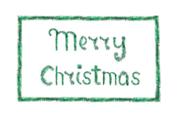 Phrase Merry Christmas made of shiny green tinsels on white background