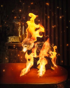 This image features a fantasy religious iconography scene with a devilish Italian Greyhound on fire at the altar. 