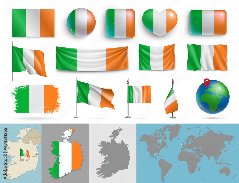 Wall mural ireland flags of various shapes and geographic map set. irish realistic flags, glossy buttons in pat