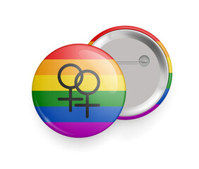 Rainbow gay flag glossy 3d pin button mockup. Homosexual pride, freedom, love, peace, equality symbol. Front and back side of brooch or badge realistic vector illustration
