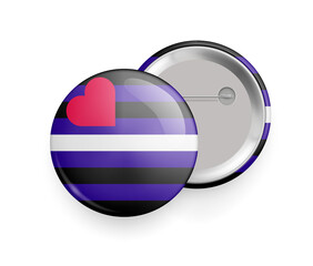 Leather pride flag round glossy metallic 3d badge mockup. Official symbol of gay leather community. Front and back side of pin button realistic vector illustration