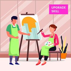 Female is painting a picture to resolve to live in a building. Vector colorful illustration. New year resolution.