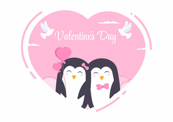 Cute Couple Animal Penguin Happy Valentine's Day Flat Design Illustration Which is Commemorated on February 17 for Love Greeting Card