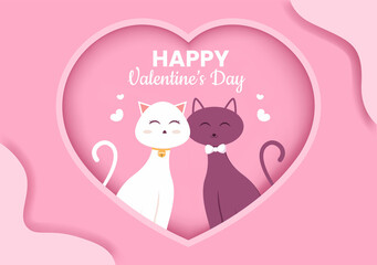 Cute Couple Animal Cat Happy Valentine's Day Flat Design Illustration Which is Commemorated on February 17 for Love Greeting Card