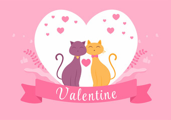 Cute Couple Animal Cat Happy Valentine's Day Flat Design Illustration Which is Commemorated on February 17 for Love Greeting Card