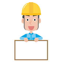 ホワイトボードを持つヘルメットを被った男性作業員