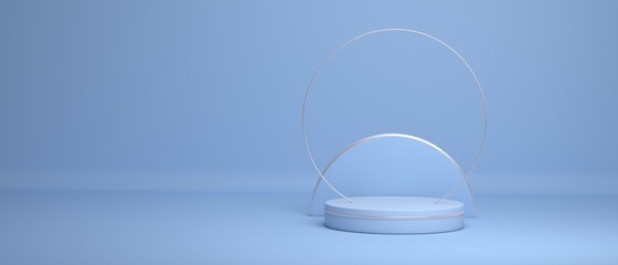 Abstract blue background of a round stand for objects made of disks and a round hoop. Minimalism style. 3d illustration