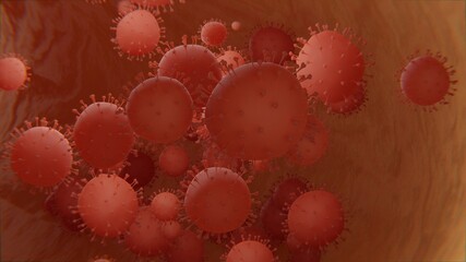 Virus cells on blood with  background, 3d illustration