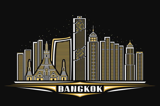 Vector illustration of Bangkok, dark horizontal poster with linear design famous bangkok city scape on dusk sky background, asian urban line art concept with decorative letters for white word bangkok