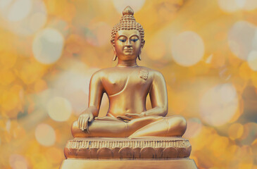 Beautiful of Ancient Golden Buddha statue on light golden yellow bokeh background,Thailand holiday...